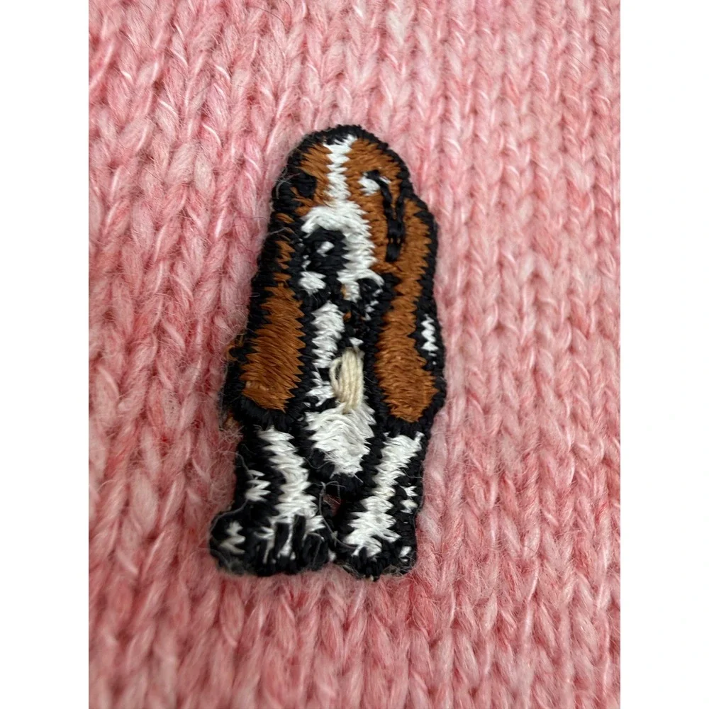 Hush Puppies Pink‎ Knit Button Up Sweater Vest Basset Hound Dog Patch Cardigan